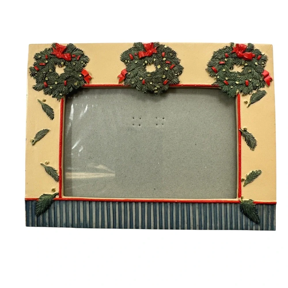 Design West Christmas Wreath Picture Frame Hand Painted 4x6 Vintage 2003 Holiday
