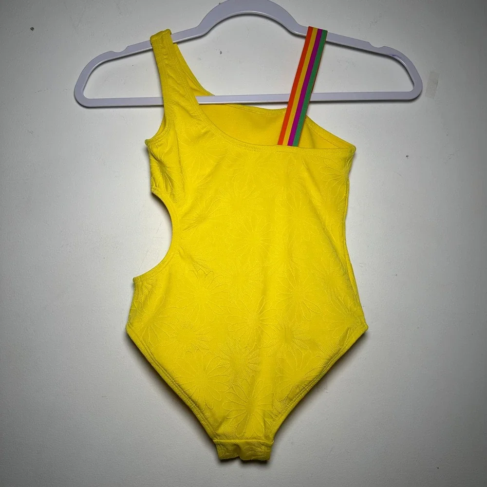 Wonder Nation Girls Yellow‎ Daisy Floral One Shoulder Cutout Swimsuit Size M 8