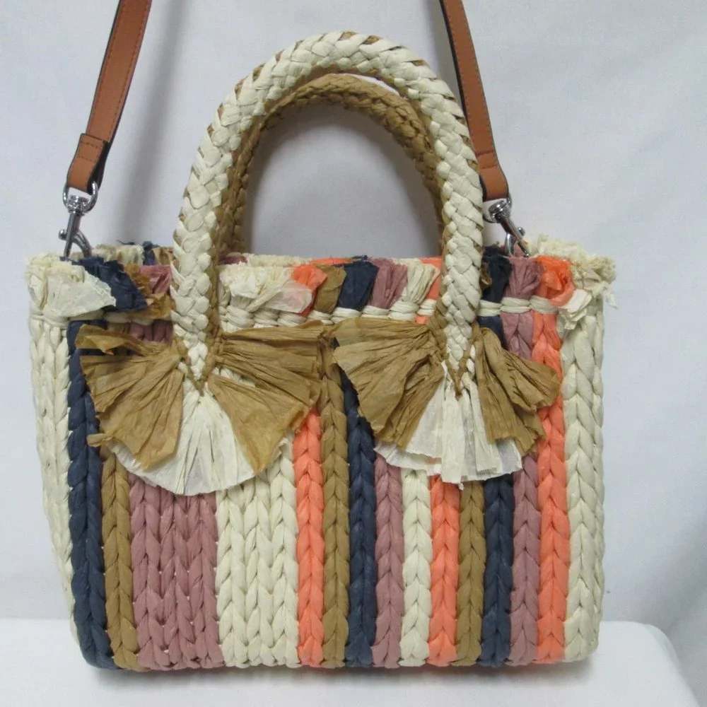 Vince Camuto Emei Woven Paper Satchel Tote Bag Purse removable strap striped NEW
