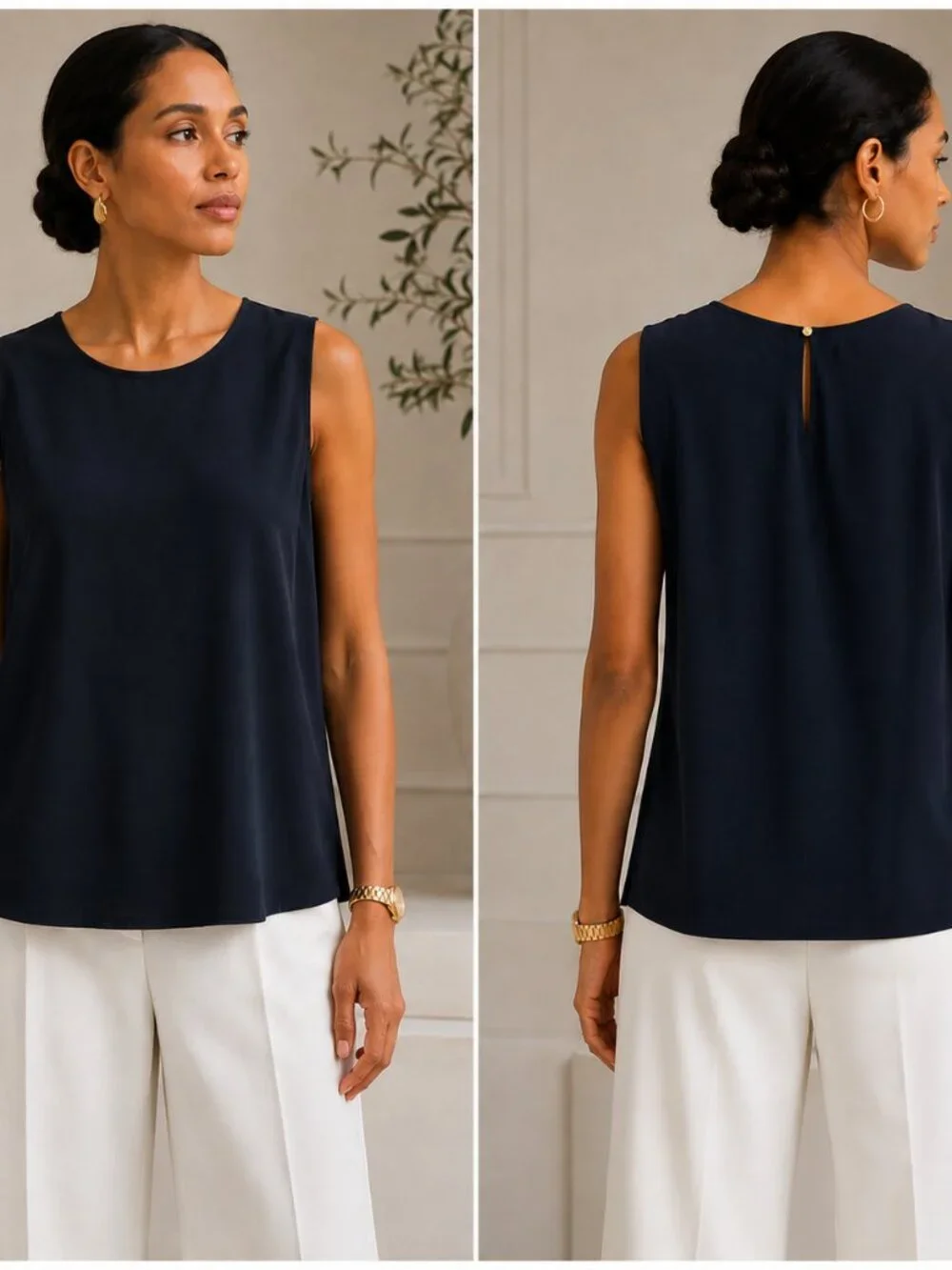 CHANEL Navy Silk Sleeveless Blouse Gold CC Button Keyhole Back 40