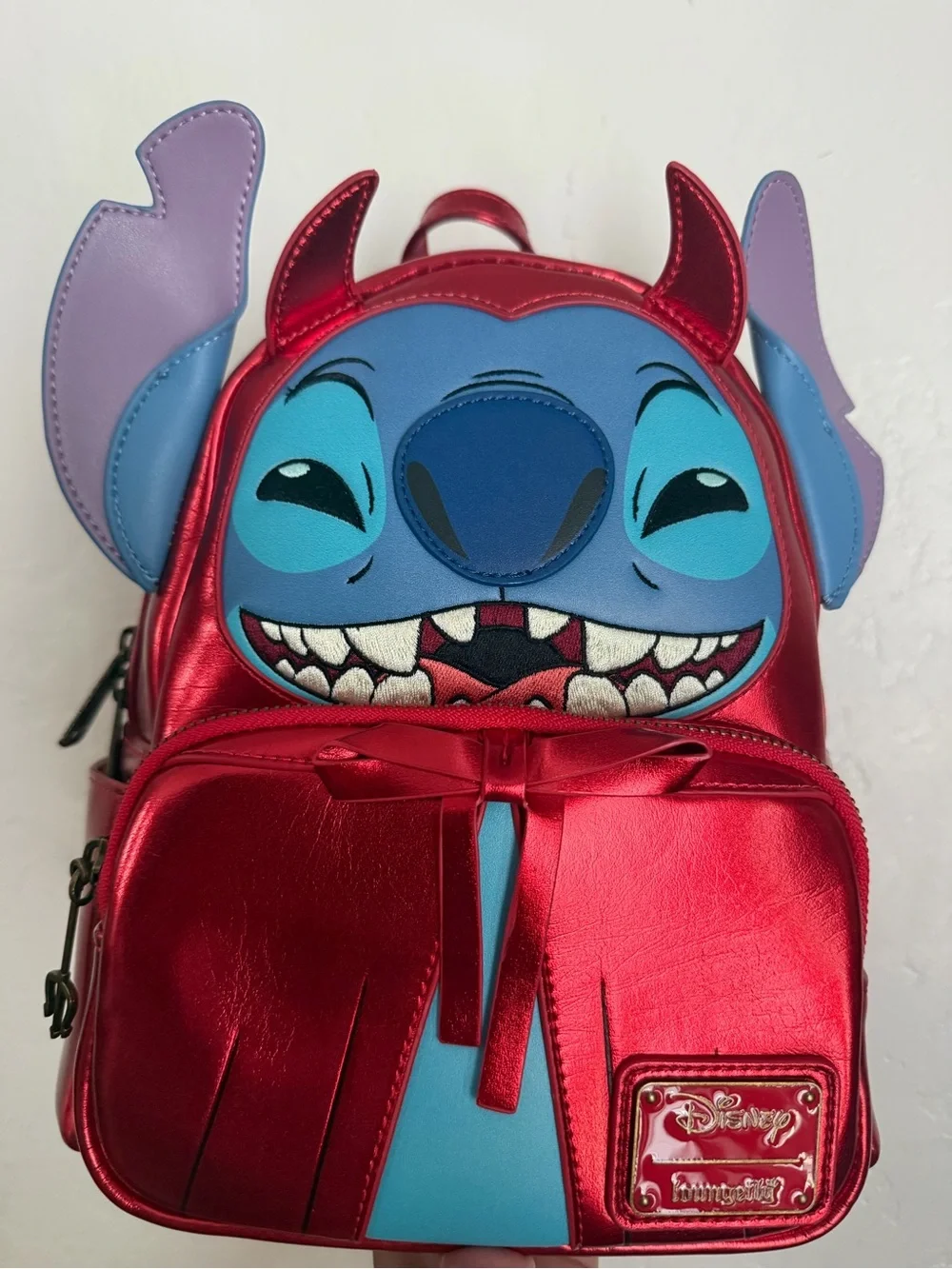 Disney Red Stitch Mini Backpack with Blue Face and Purple Ears w/matching wallet