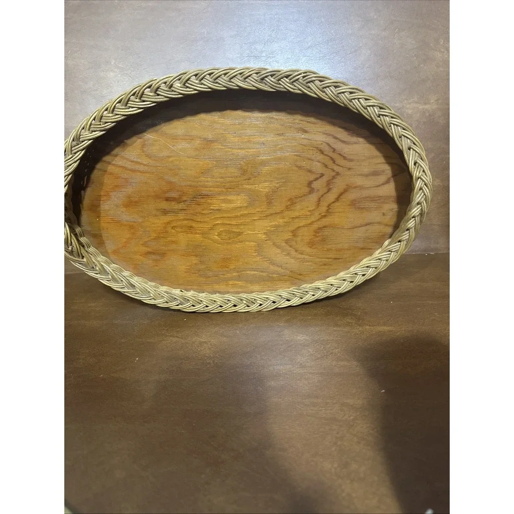 Vtg  Victorian Primitive Woven Oval Wicker Vanity or Serving Tray 12
