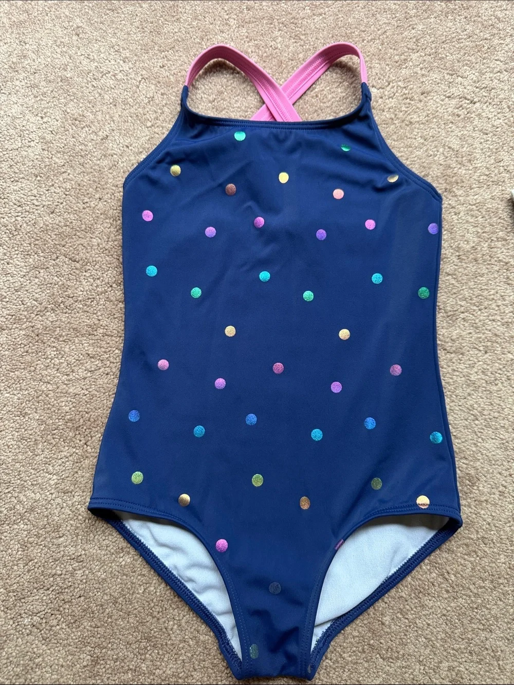 Girls Mini Boden Navy One-Piece Swimsuit with Rainbow Polka Dots