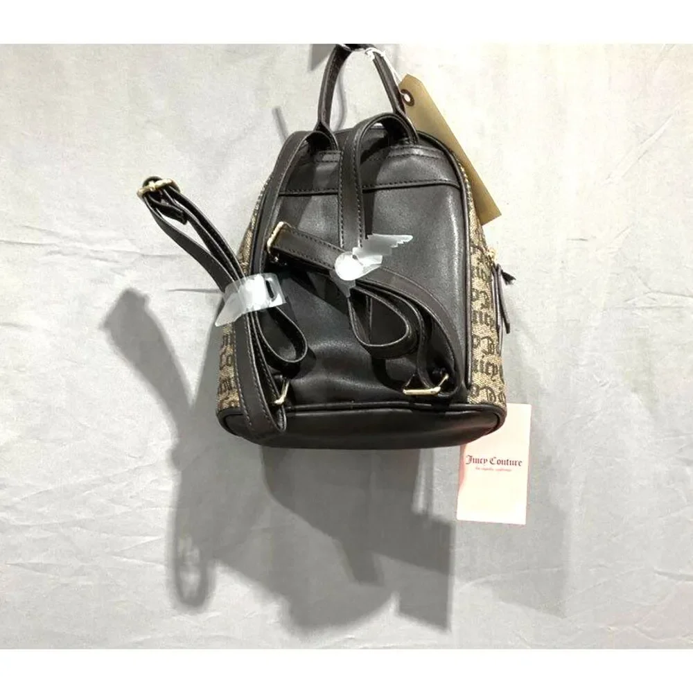 NWT Juicy Couture Gothic Logo Signature Print Mini Backpack Purse Brown Khaki