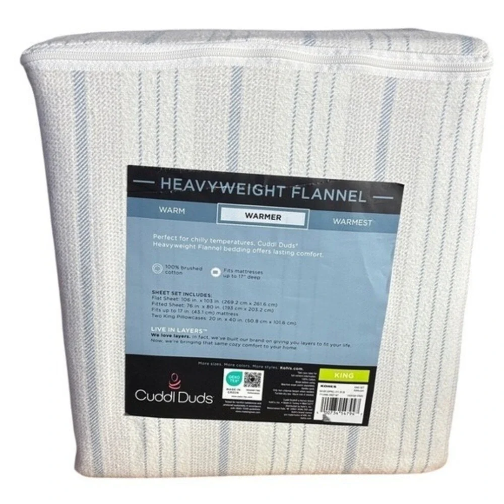 Cuddl Duds King Heavyweight Flannel Sheet Set Light Blue Striped Gift NEW