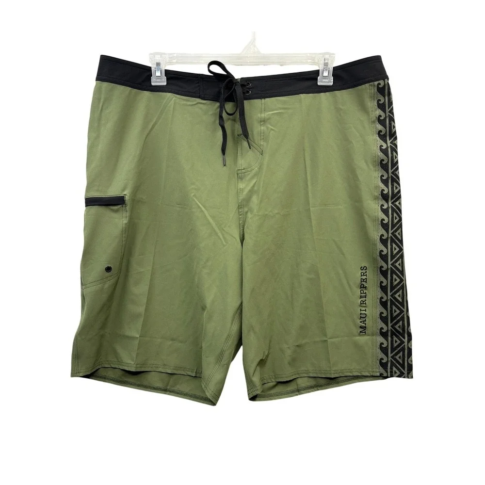 Maui Rippers Tribal Olive Boardshorts Stretch Surf‎ Swim Cargo Pocket Casual  42