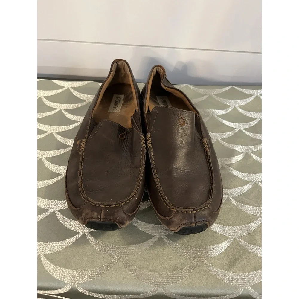 OluKai 'Akepa Moc Men's Leather Slip-On Driver Loafers Brown Size 10.5