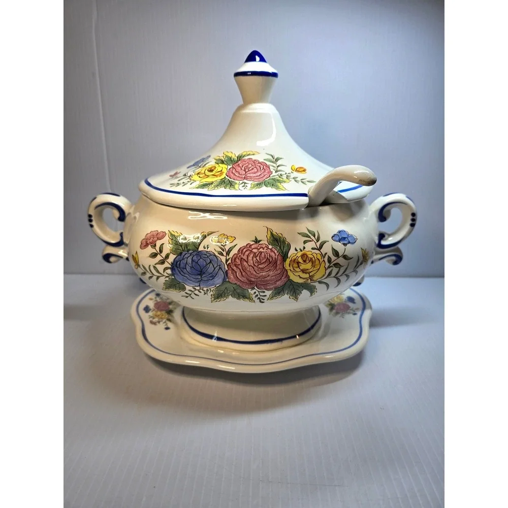 Vintage Ceramic Soup Tureen with Ladle‎ and Underplate Floral Design Blue Trim