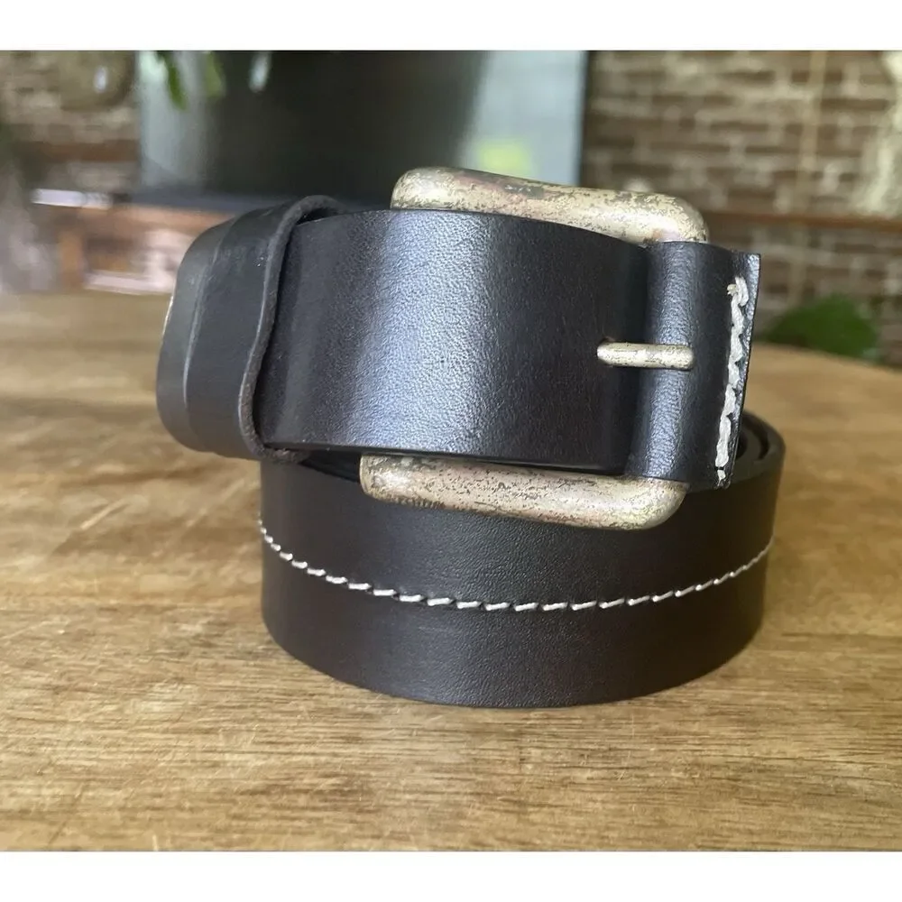 Men’s Genuine Leather Belt Brown Contrast Stitch Brass Buckle Size M/L Argentina