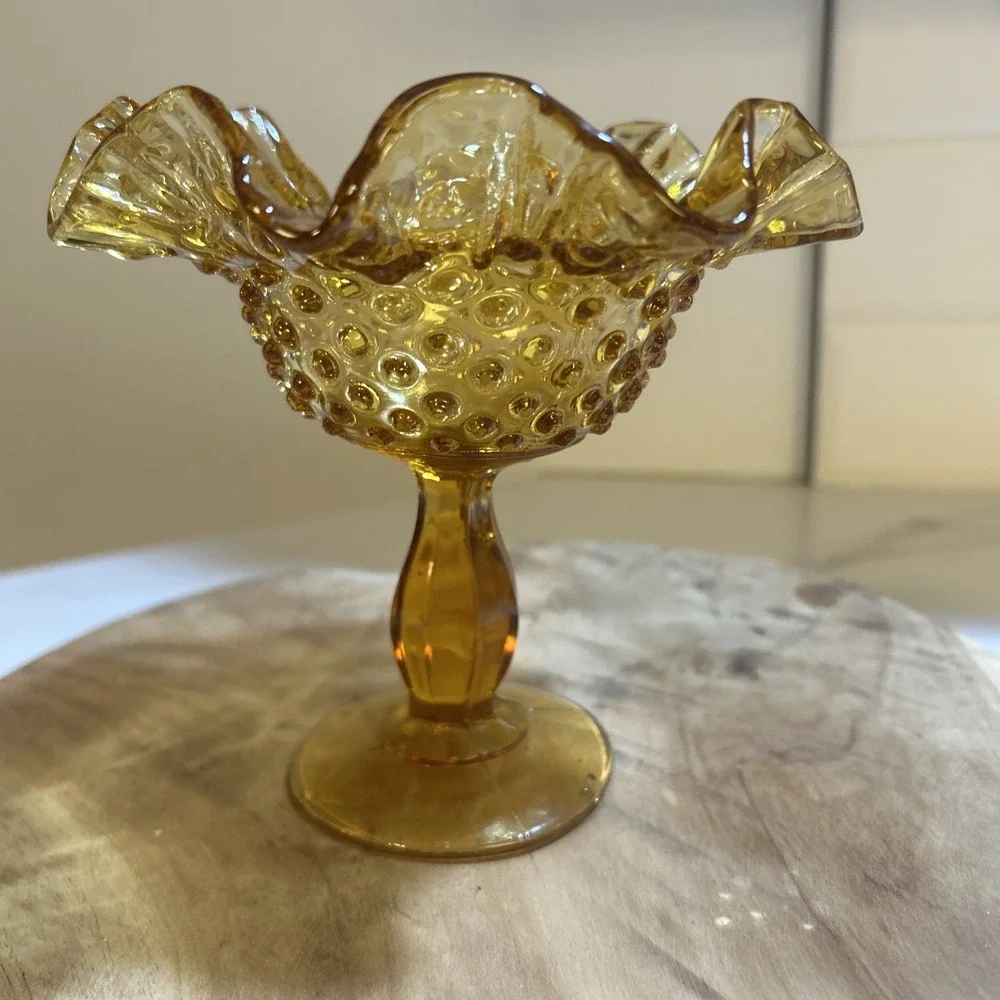 Vintage Amber Fenton Hobnail Footed‎ Compote with Ruffled Edge