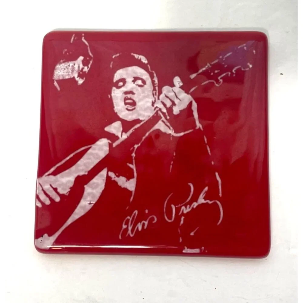 Set Of 2 Fused Glass Coasters Featuring Elvis Presley Designs In Red & Blue