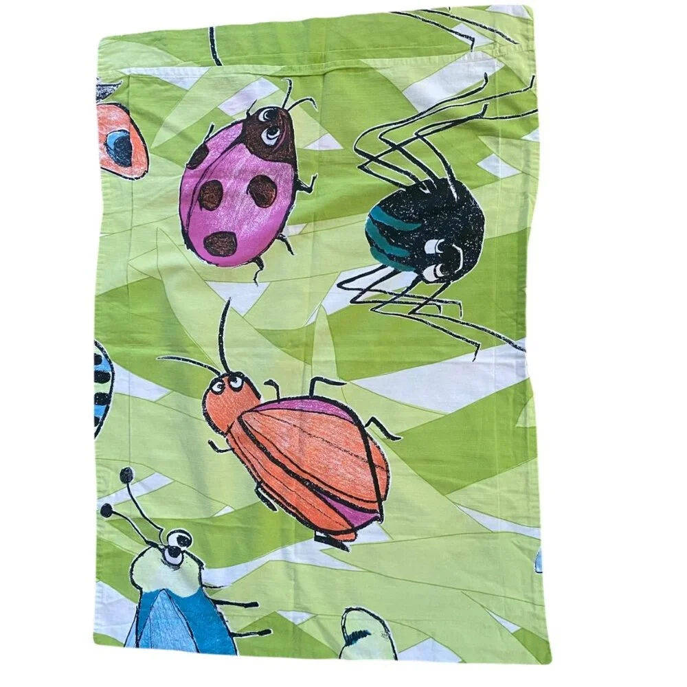 Ikea‎ Barnslig Bugs Print Kids Pillowcase Sham Cotton Green Bee Ladybug Spider