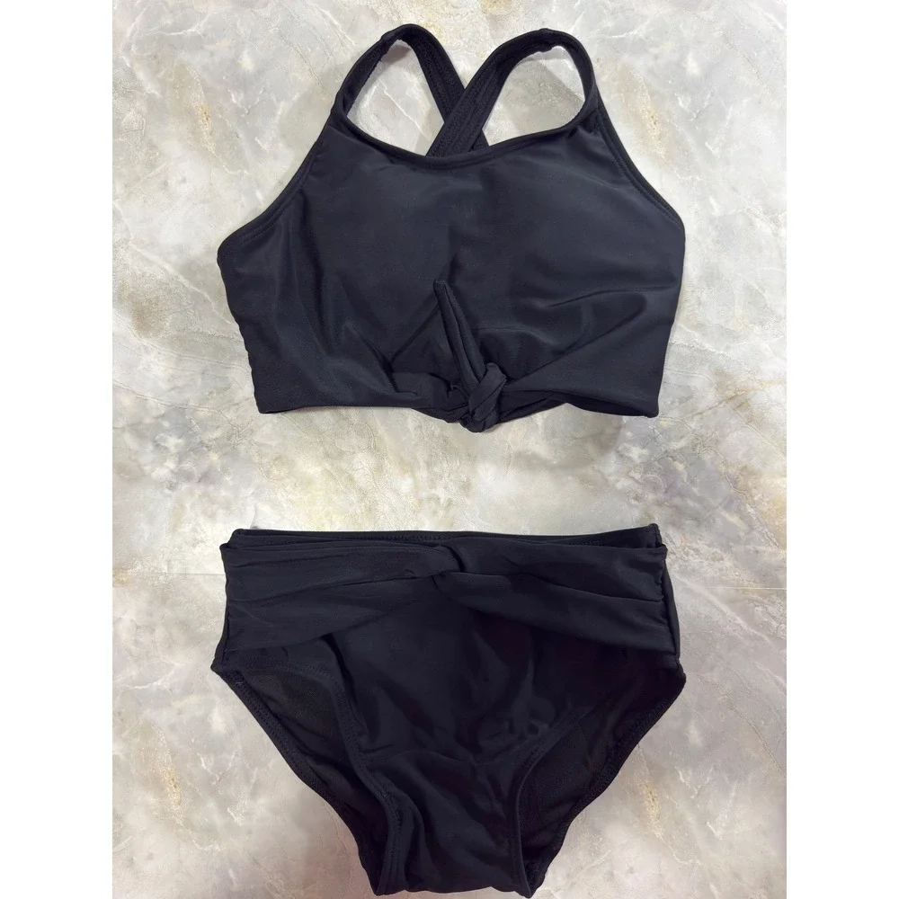 Girls Black Swimsuit‎ Set, Crisscross Back Tankini, Knotted High Waisted 6-7Y