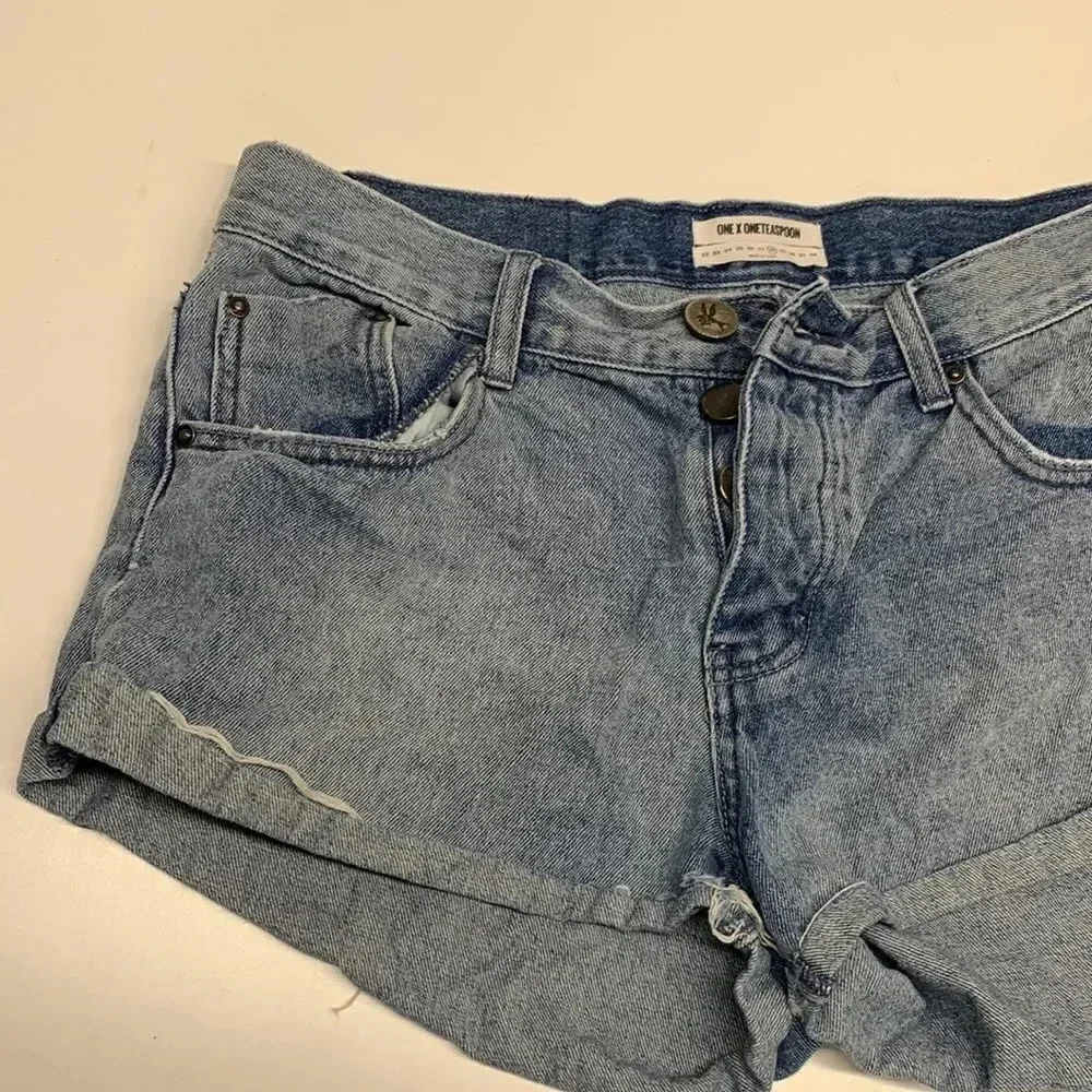 One Teaspoon Bandits Denim Jean Shorts Button Fly Twisted Distressed Blue 28