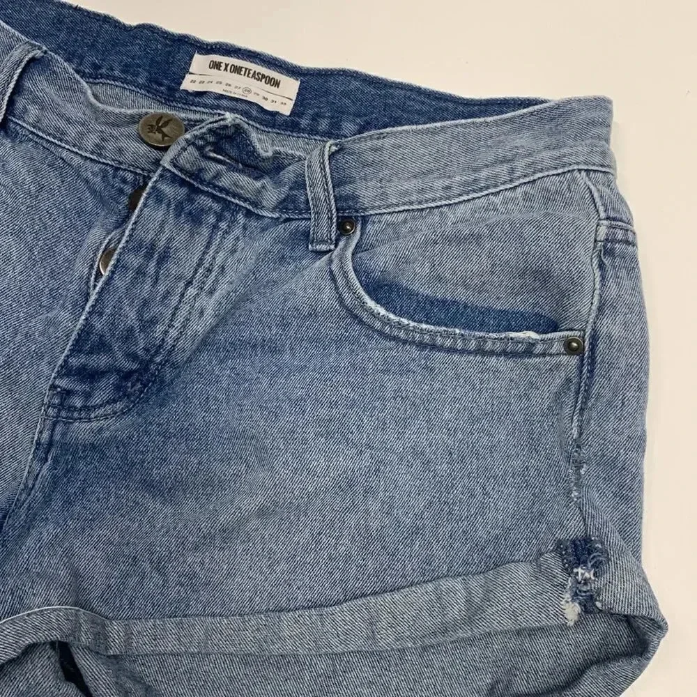One Teaspoon Bandits Denim Jean Shorts Button Fly Twisted Distressed Blue 28