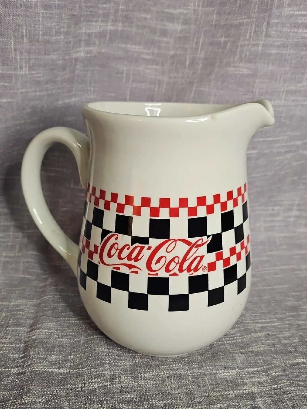 Coca-Cola White Ceramic Pitcher with Red Logo and Black Checkerboard