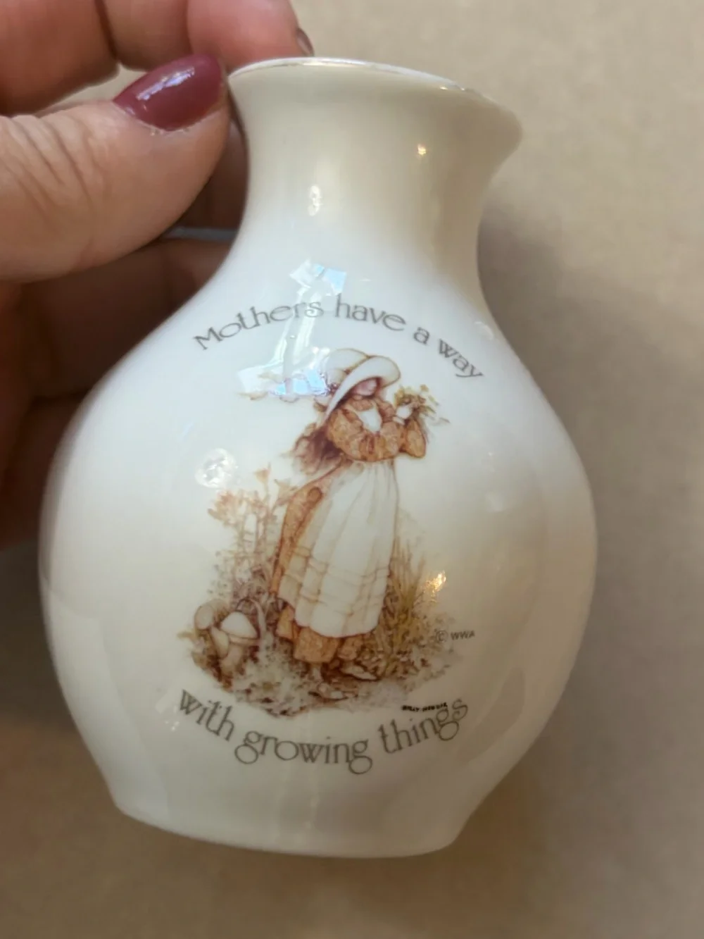 White Figurative Ceramic Vase with Brown Illustration