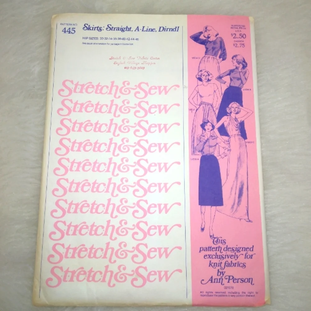 STRETCH & SEW 445 Misses Straight, A-Line, Drindl Skirts, Hip Size 30-46