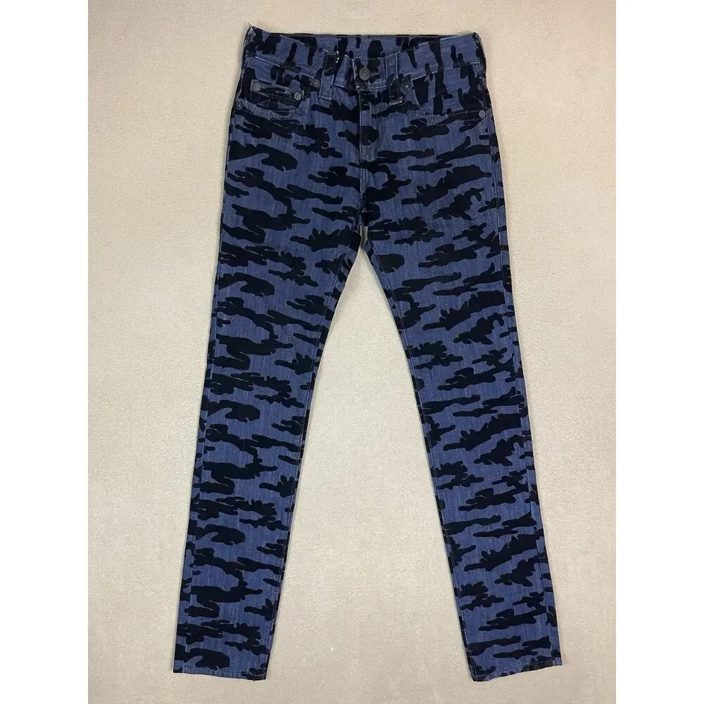 True Religion Jeans Mens 28 Blue Camo Relaxed Skinny Mid Rise Stretch‎ Denim