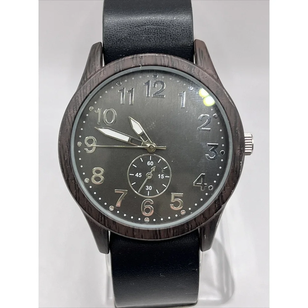 George Men's Quartz Watch Faux Wood‎ 43mm Case Black Band- New Battery