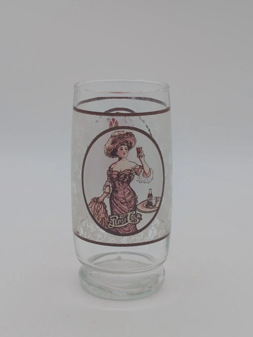 Vintage Pepsi-Cola Glass with Victorian Lady Gibson Girl Graphic - Brown & White