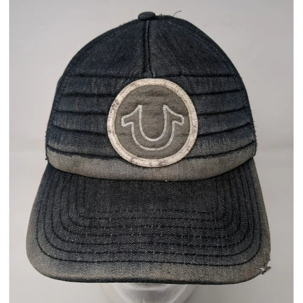 Vintage True Religion Denim Baseball Cap Leather Strap Hat Blue Patch‎ Logo Y2K