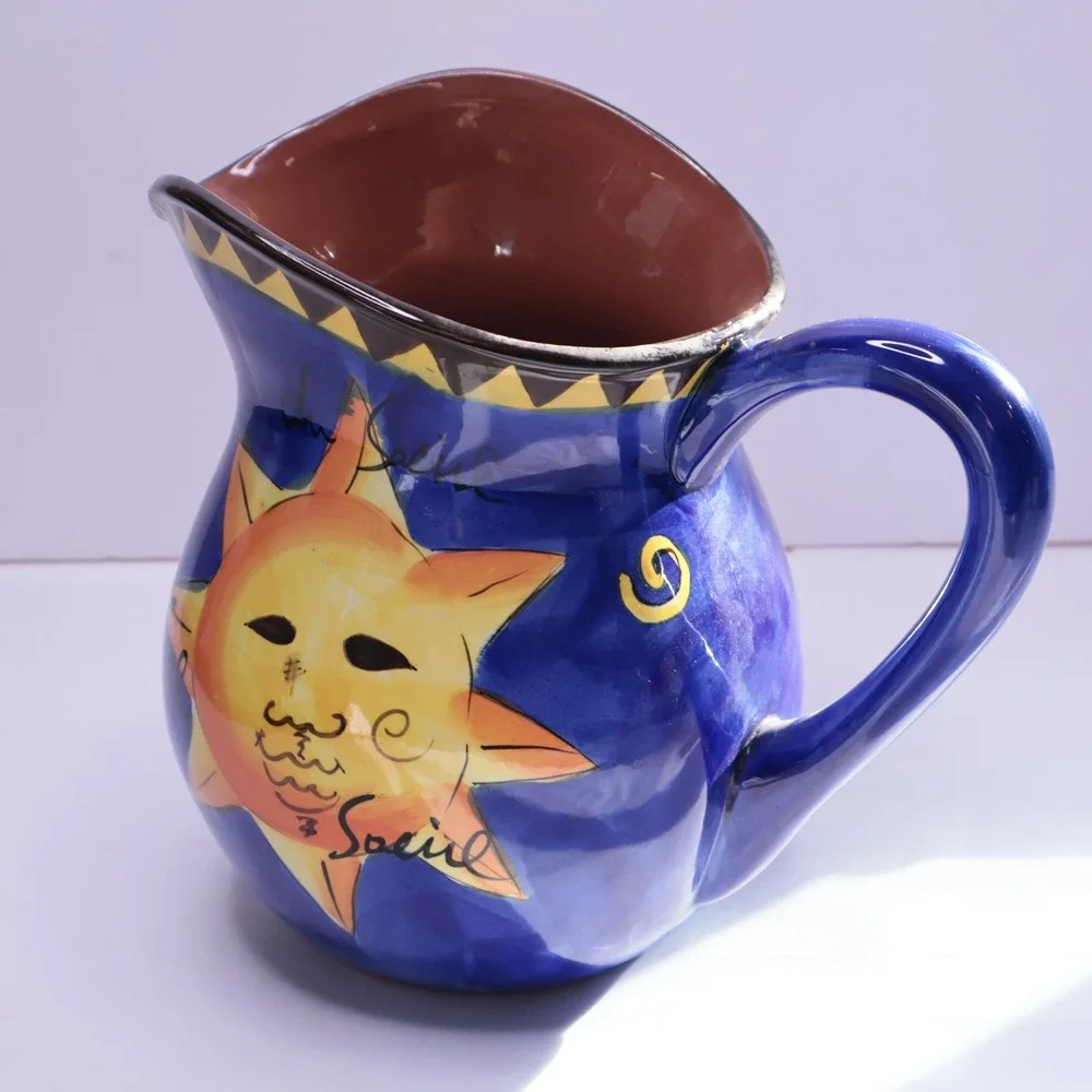 Hausenware Celestial Sun Moon Pitcher Blue Ceramic Soleil Etoile‎ 8 Inch