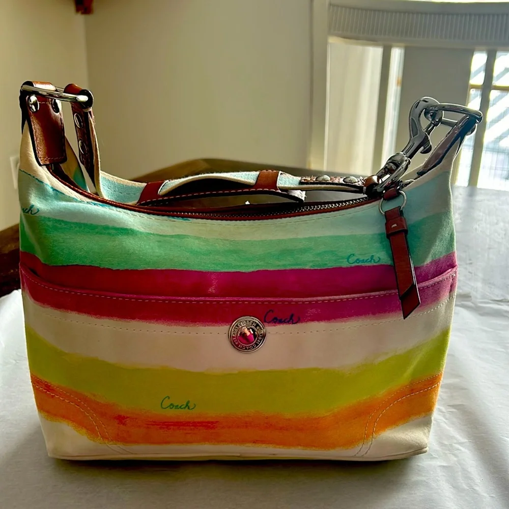 Coach Multicolor Striped Canvas Hobo Bag - Turquoise, Pink, Lime, Orange