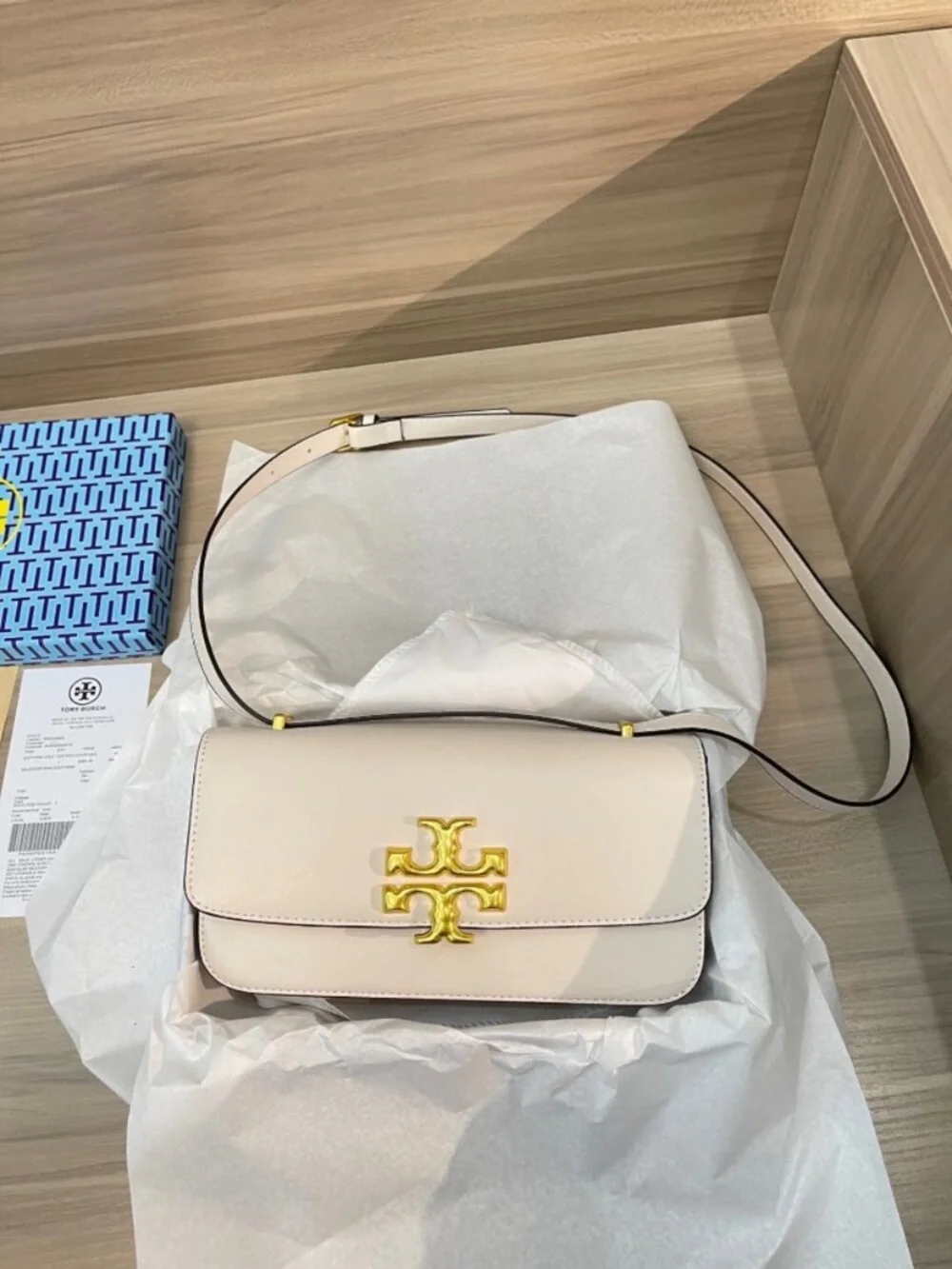 Tory Burch Cream Leather Shoulder Bag with Gold Logo Accent