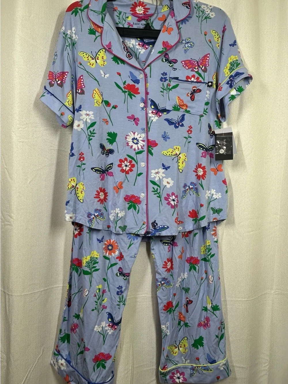 New Kate Spade Butterfly & Blooms Short Sleeve Notched Pajamas Pjs Size Large