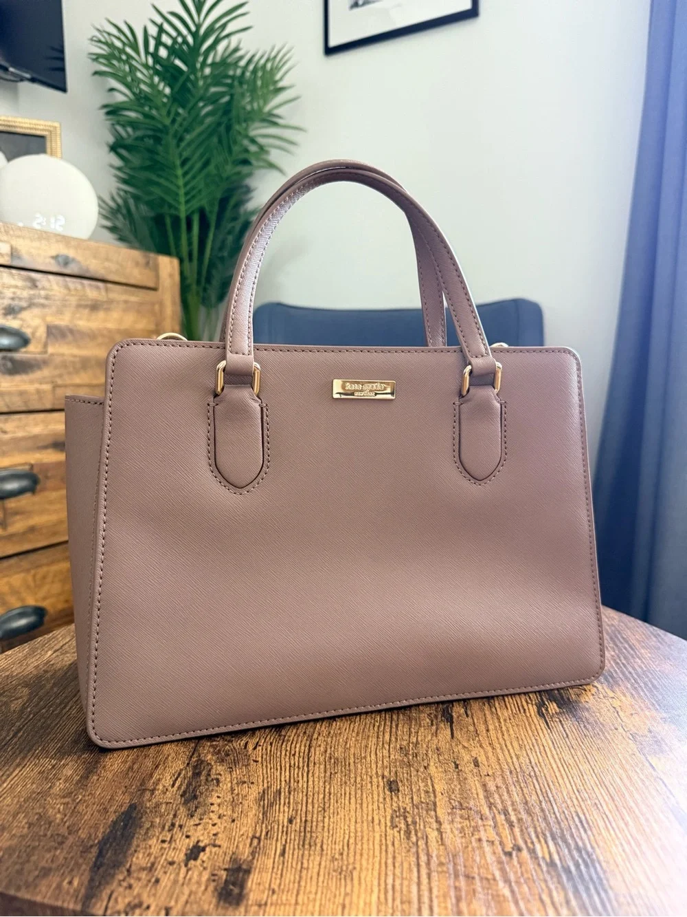 kate spade taupe mauve leather satchel with gold hardware