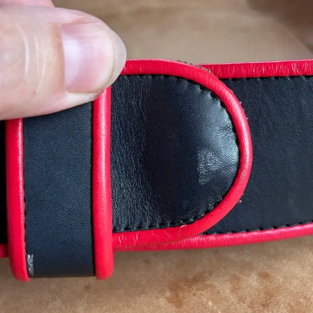 Vintage 90s Leather Belt Womens L Black Red USA Wide Statement Chunky 30