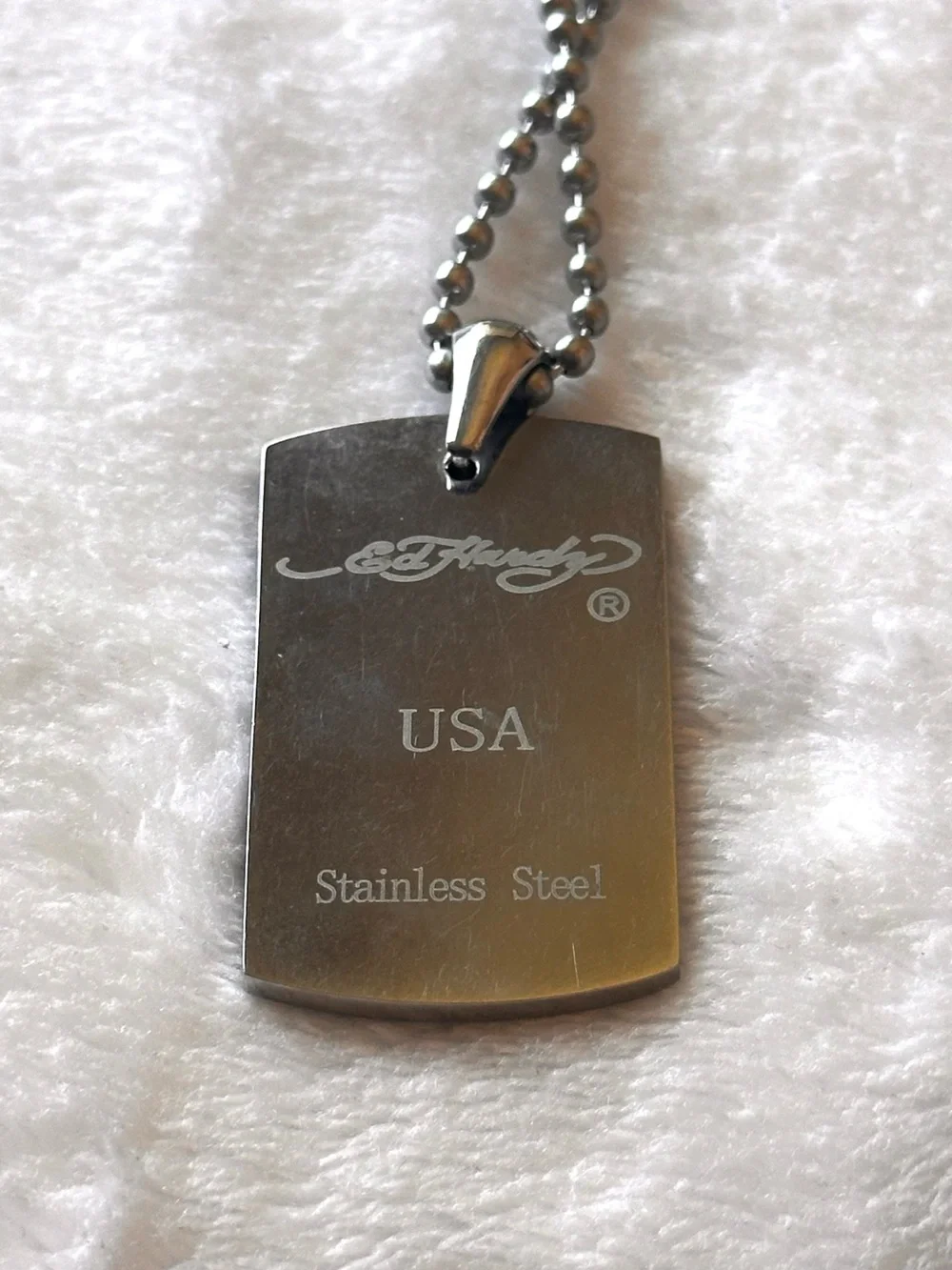 Ed Hardy Silver Dog Tag Necklace with Crystal Border
