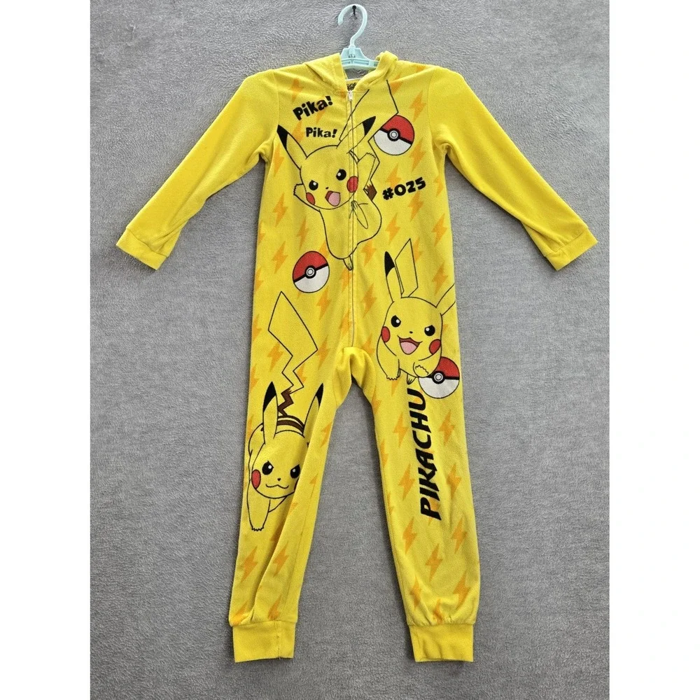 Pokemon‎ Kids Sleepwear S Yellow One Piece Graphic Print Fleece Pikachu Pokeball
