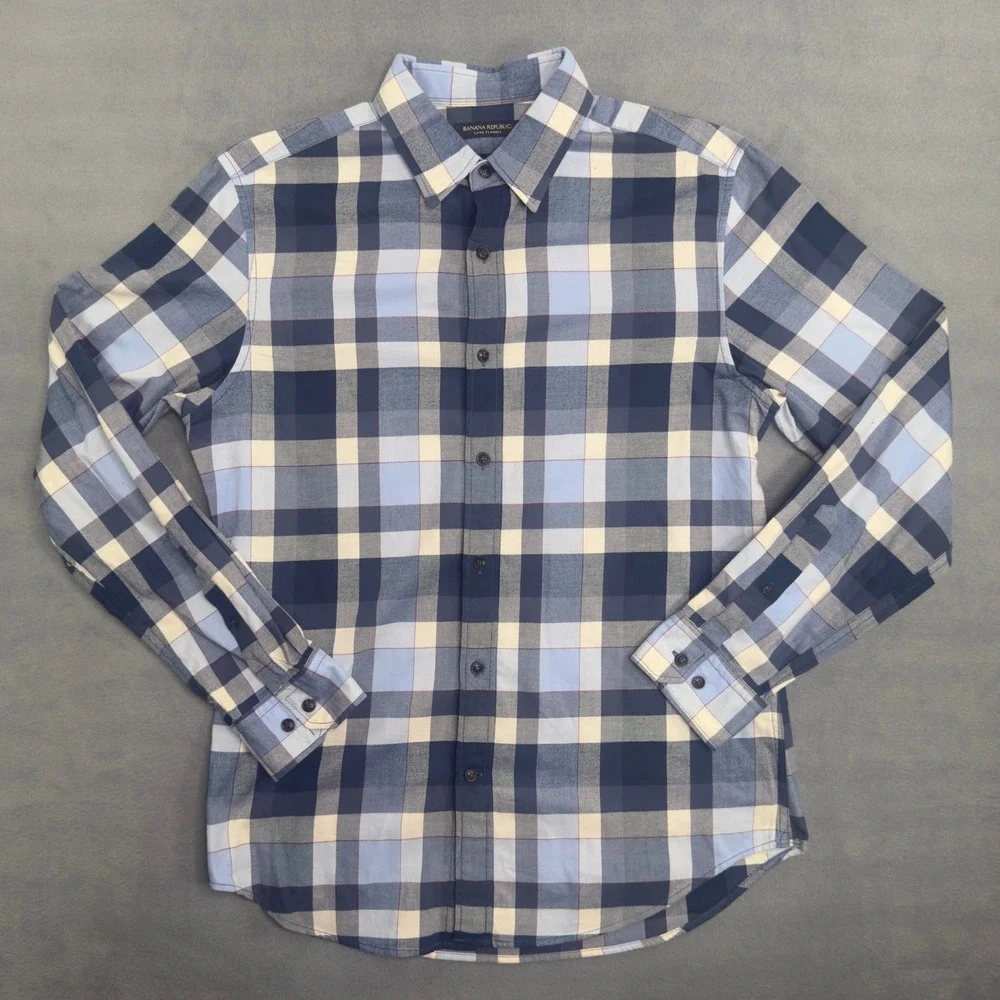 Banana‎ Republic Mens Luxe Flannel Grant Fit Blue Buffalo Plaid Shirt M