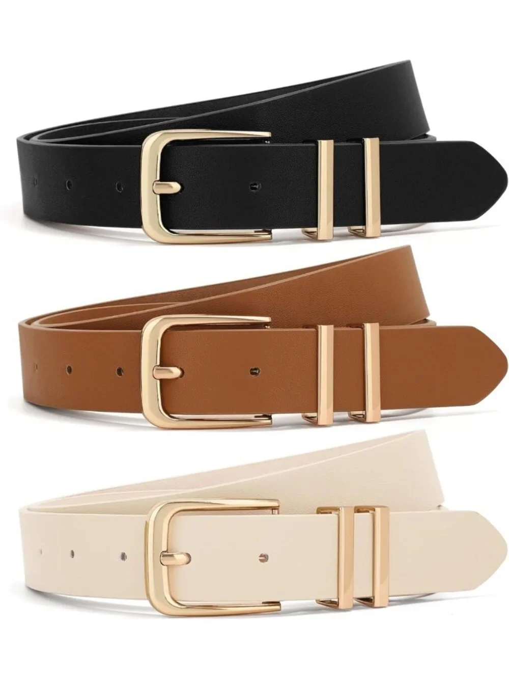 3 Pack Women's Leather Belts for Jeans & Dresses - Stylish Gold Buckle Waist