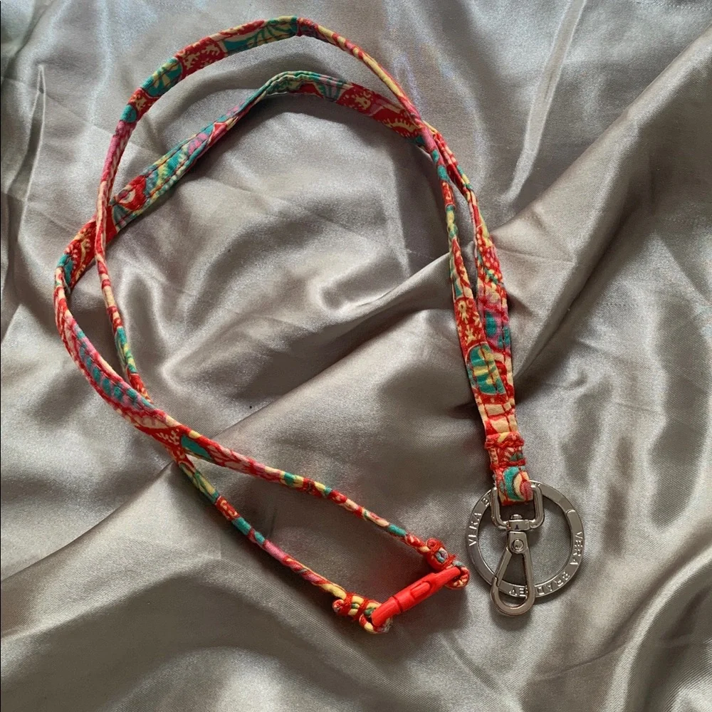 🌹VINTAGE Vera Bradley Coral Floral Keychain Necklace w/ Silver-Tone Ring Pendant