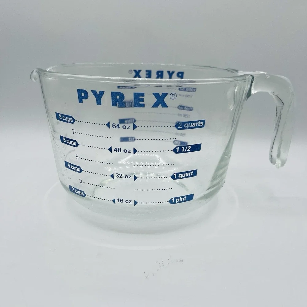 VTG Pyrex 8 Cup 64oz 2L 2Q HUGE Glass Handled Measuring Cup Blue Letters RARE