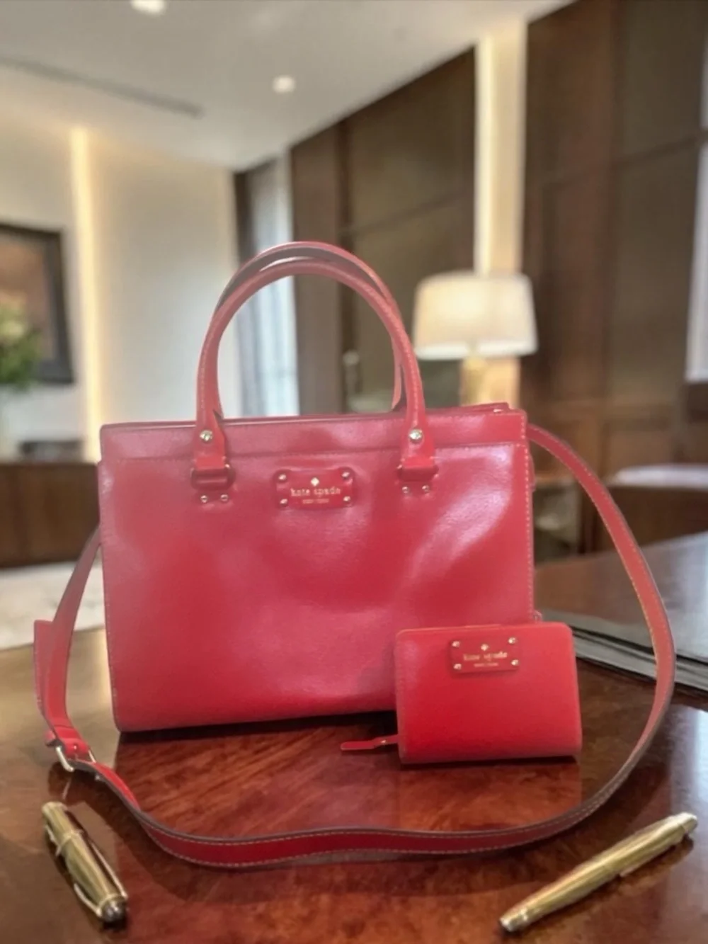 Kate Spade Red Leather‎ Satchel Crossbody Bag & Wallet Set