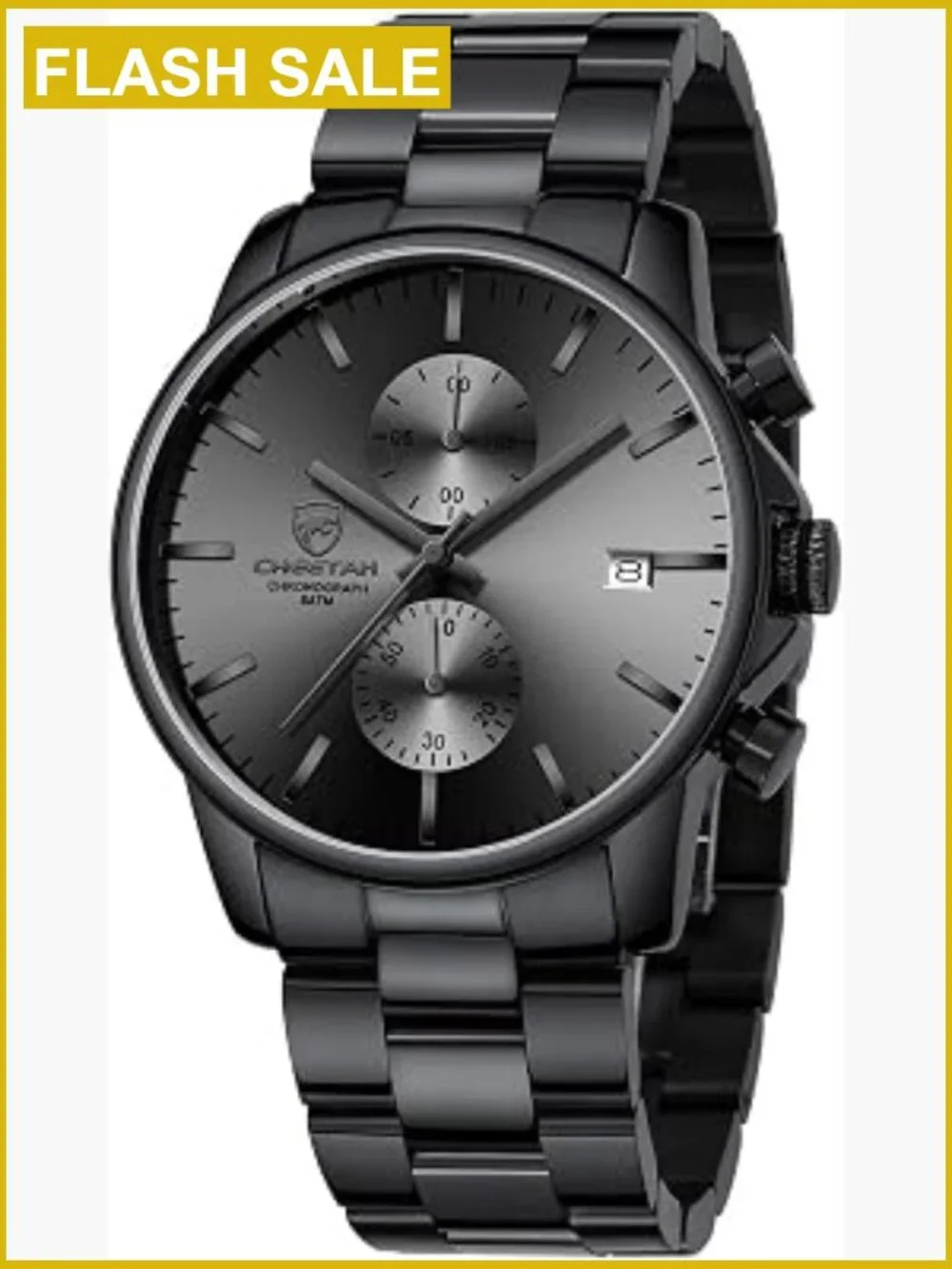 Stainless Steel Chronograph Quartz Watch for Men Waterproof 3ATM