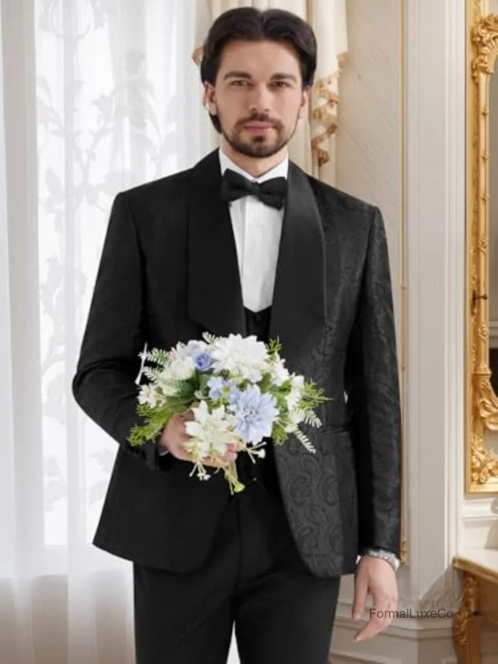 Mens 3 Piece Floral Tuxedo Suit Slim Fit Paisley Shawl Lapel Wedding Prom