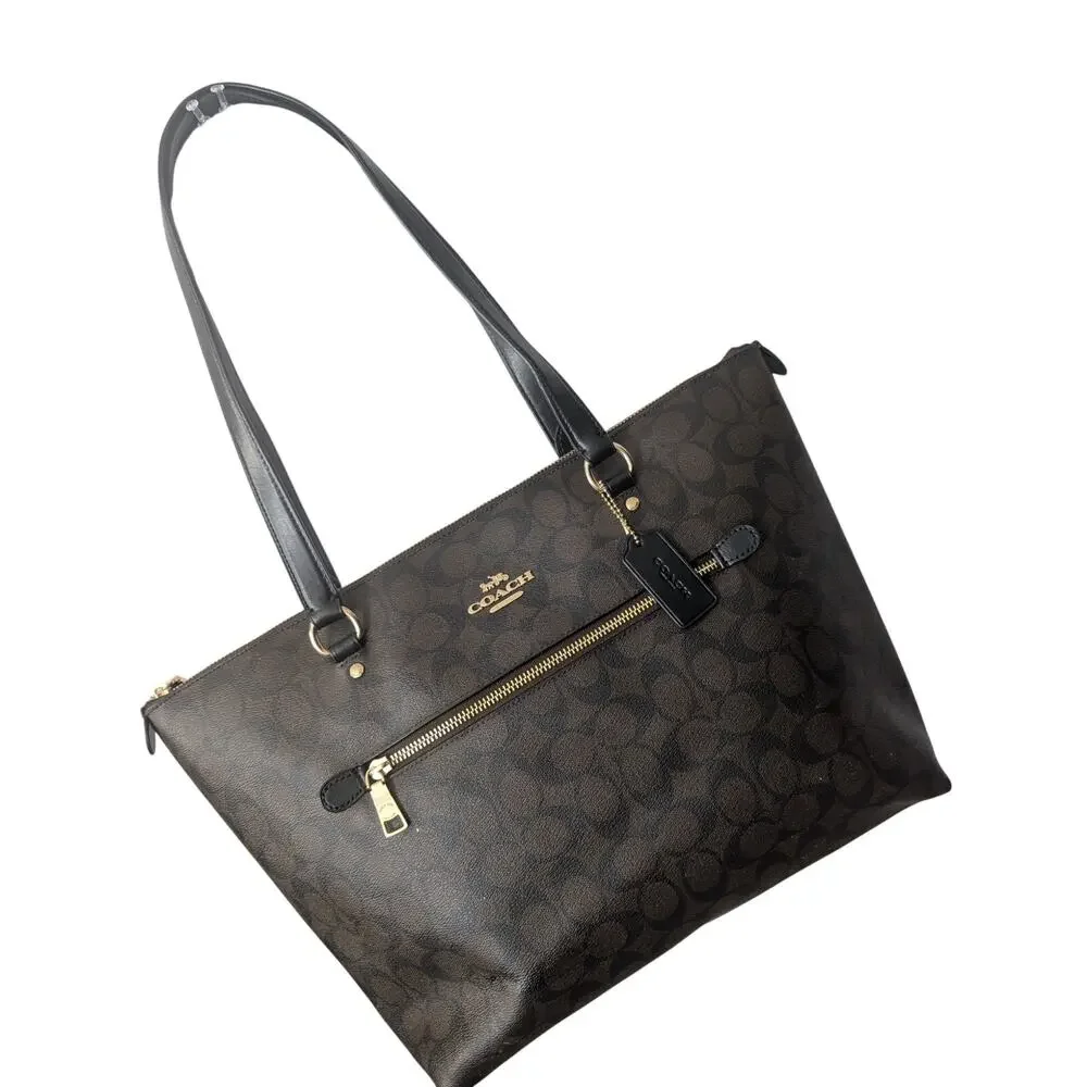 Coach Brown Signature Canvas Tote with Black Handles and Gold Hardware