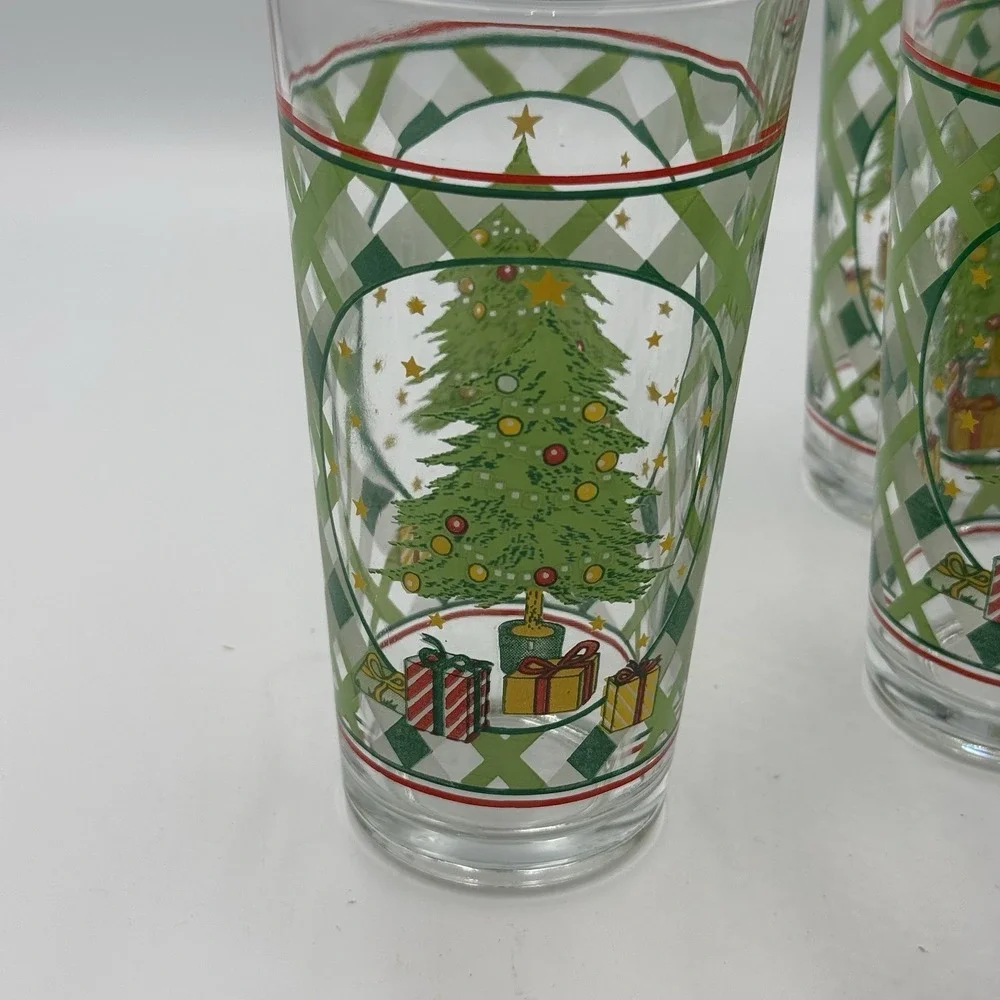 Vintage Christmas Tree Glasses‎ Tumblers Set 4 KIG Indonesia Plaid 6