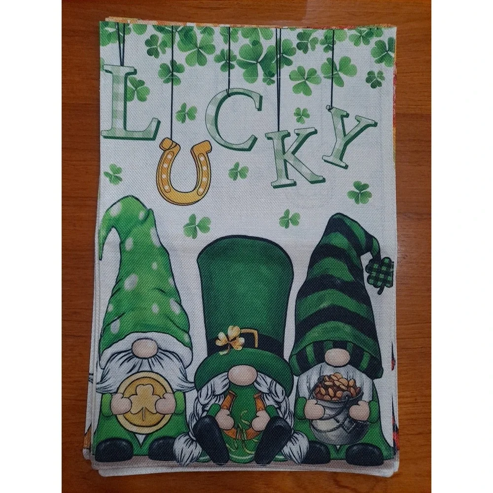 NEW 1pc Double Sided Lucky St Patricks Three‎ Sitting Gnomes Garden Flag 12x18
