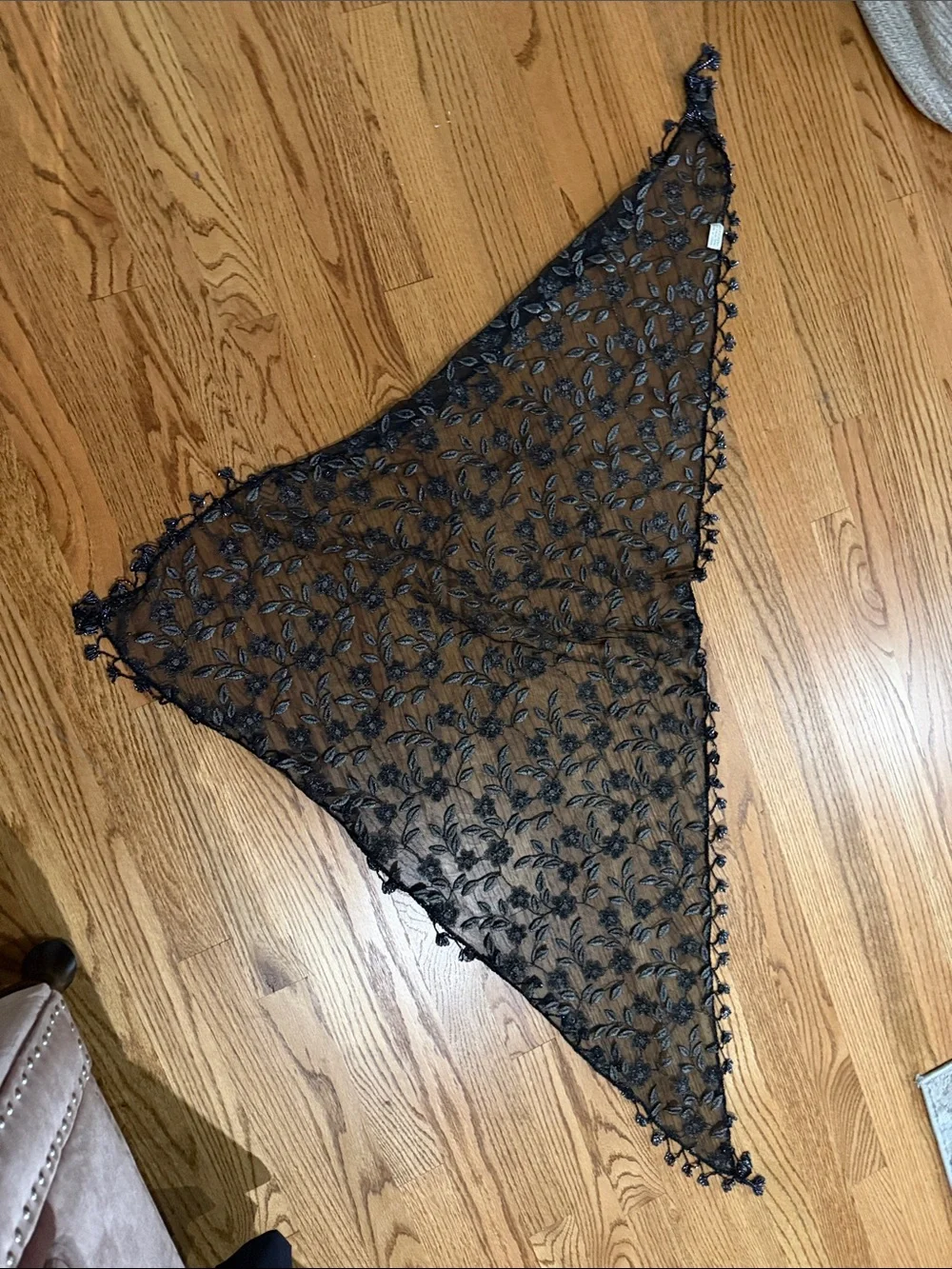 Sheer Black Embroidered Triangle Scarf Shawl with beading vintage