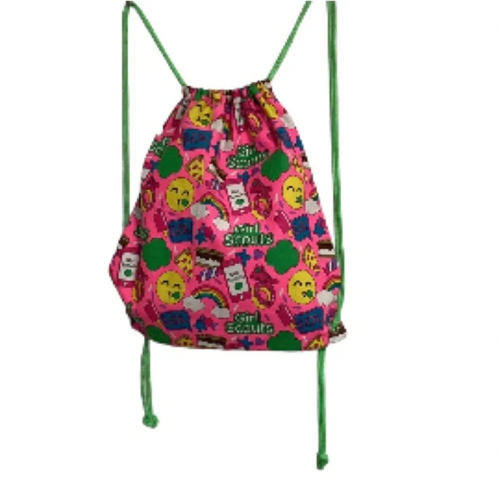 GIRL SCOUTS Emoji Drawstring Bag Mini Backpack Satchel Pink Green 15
