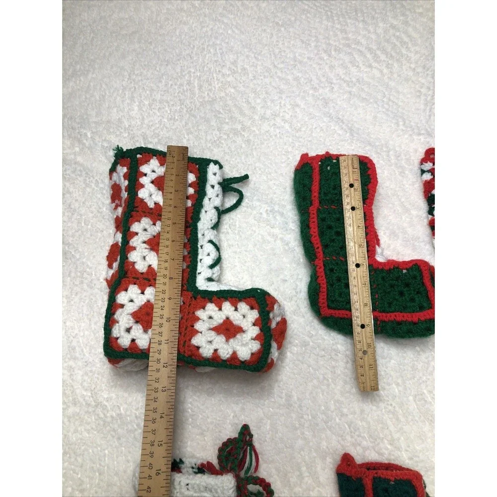 Christmas Stockings Vintage Handmade Grandma Square Crochet Red Green White 6