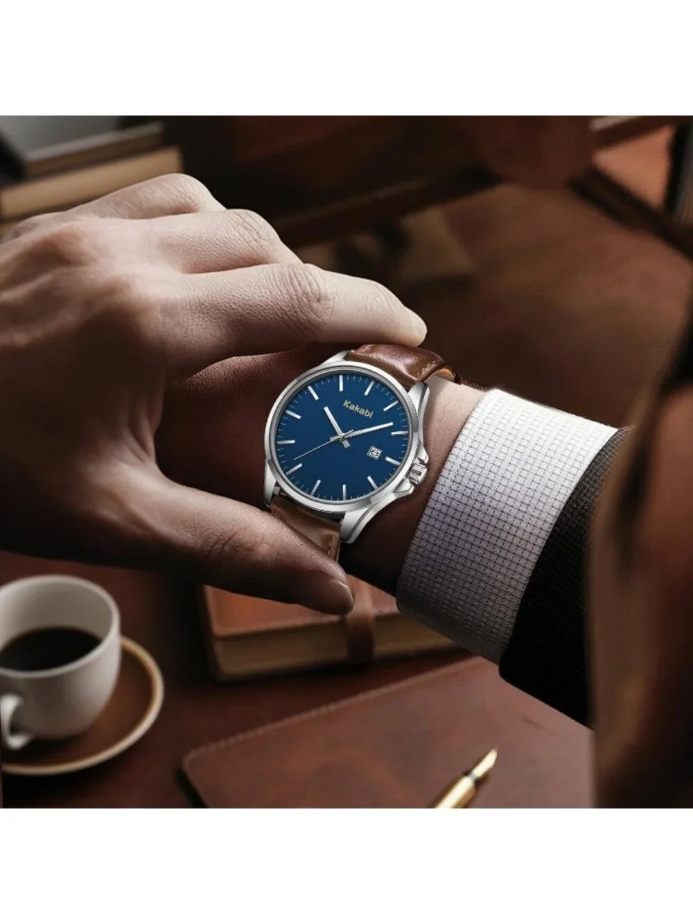 Men's Blue Brown Analog Quartz Minimalist Leather Strap Classic Waterproof Watch
