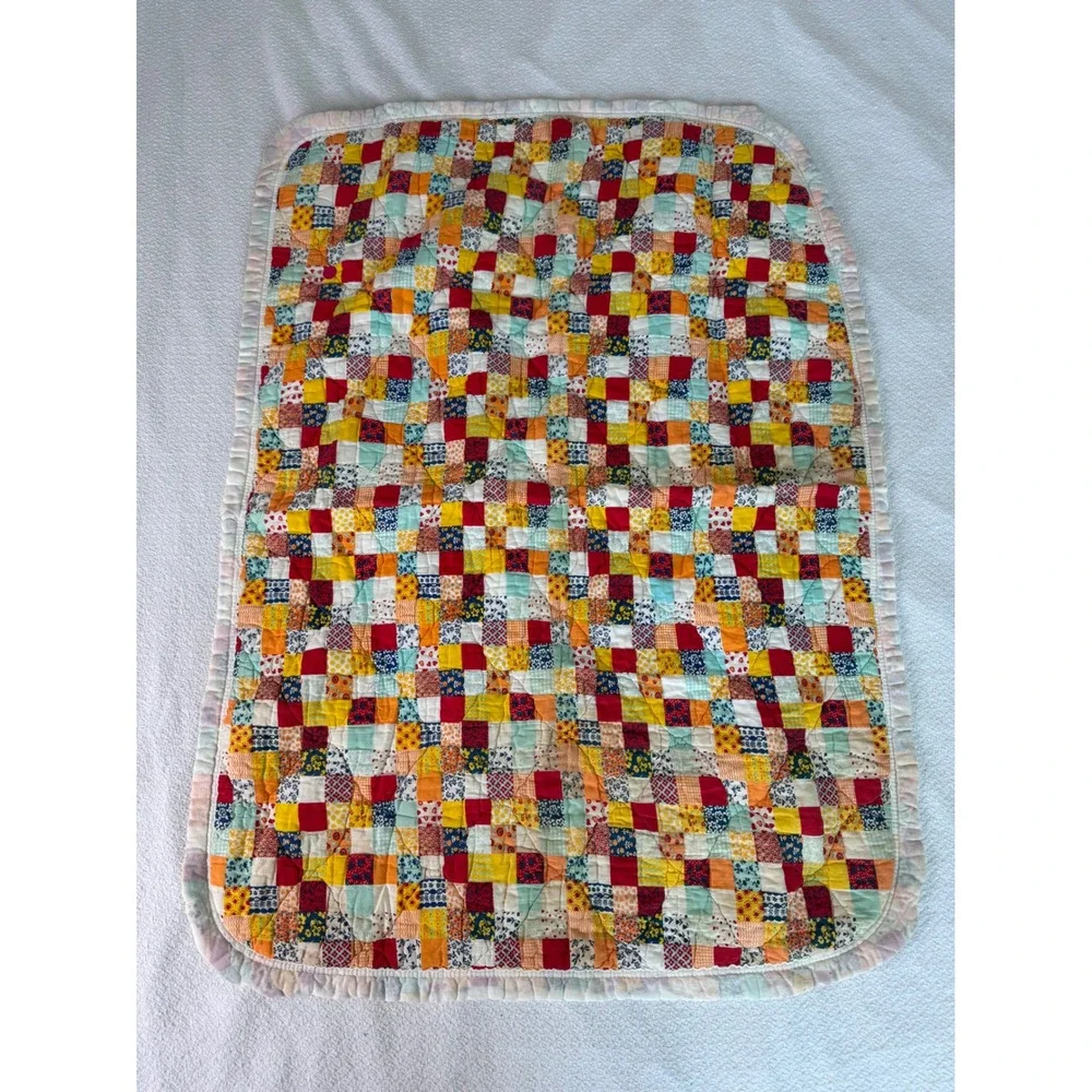 Vintage Patchwork Print Baby Quilt Multi Color Floral 42x31 Cottagecore 70s