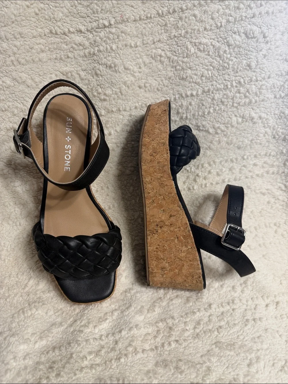Sun + Stone Black Braided Cork Wedge Sandals